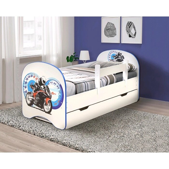 Кровать детская с фотопечатью "Байк", 1600  800 мм, с 1-м ящиком и бортиком, цвет белый от компании Интернет-гипермаркет «MOLL» - фото 1