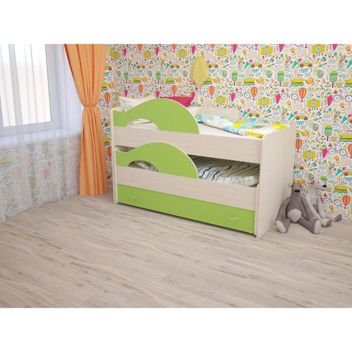 Кровать двухъярусная выкатная Матрешка 800х1600 с ящиком Зеленый/млечный дуб от компании Интернет-гипермаркет «MOLL» - фото 1