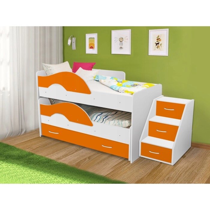 Кровать двухъярусная выкатная Матрешка Оранж/белый 800х1600 с ящиком и лестницей от компании Интернет-гипермаркет «MOLL» - фото 1