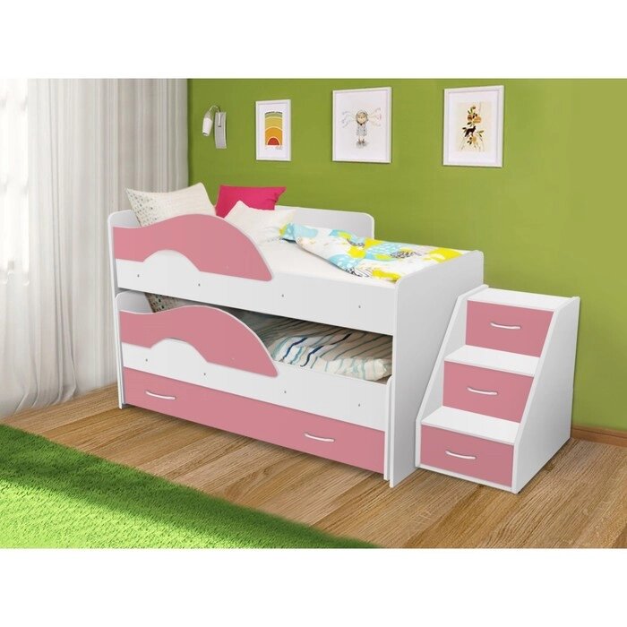 Кровать двухъярусная выкатная Матрешка Розовый/белый 800х1600 с ящиком и лестницей от компании Интернет-гипермаркет «MOLL» - фото 1