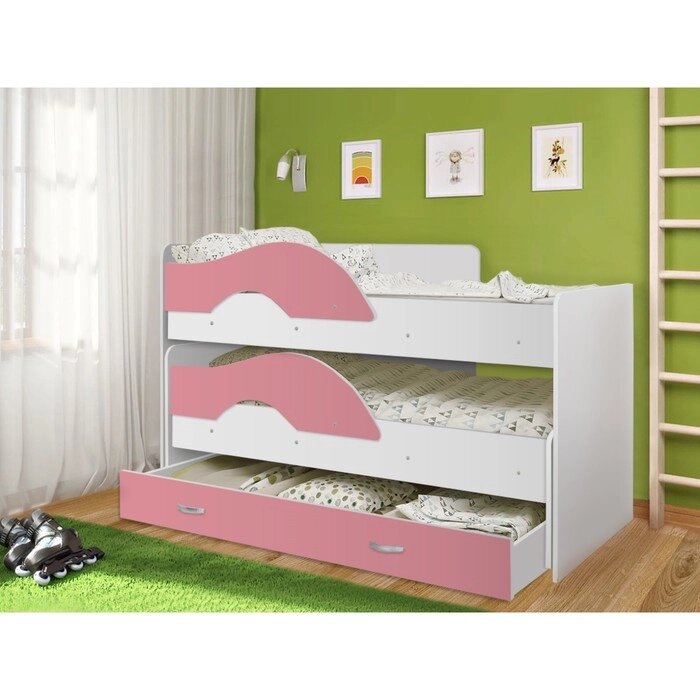 Кровать двухъярусная выкатная Матрешка Розовый/белый 800х1600 с ящиком от компании Интернет-гипермаркет «MOLL» - фото 1
