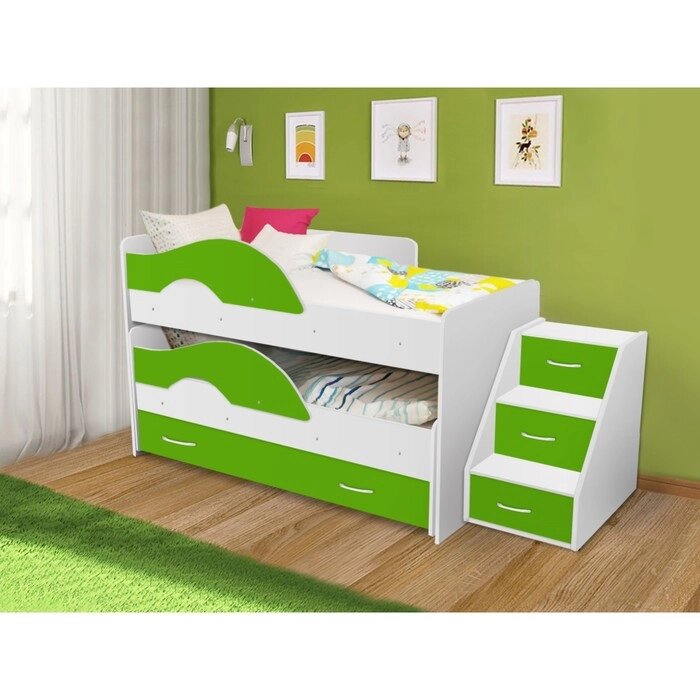 Кровать двухъярусная выкатная Матрешка Зеленый/белый 800х1600 с ящиком и лестницей от компании Интернет-гипермаркет «MOLL» - фото 1