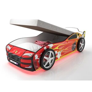 Кровать машина "Турбо красная 2", подъёмный матрас, подсветка дна и фар, пластиковые колёса