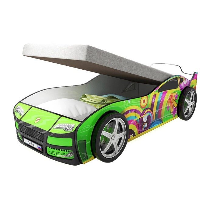 Кровать машина "Турбо зелёная", подъёмный матрас, без подсветки, пластиковые колёса, 2 шт от компании Интернет-гипермаркет «MOLL» - фото 1