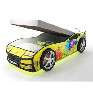 Кровать машина "Турбо жёлтая 2", подъёмный матрас, подсветка дна и фар, пластиковые колёса