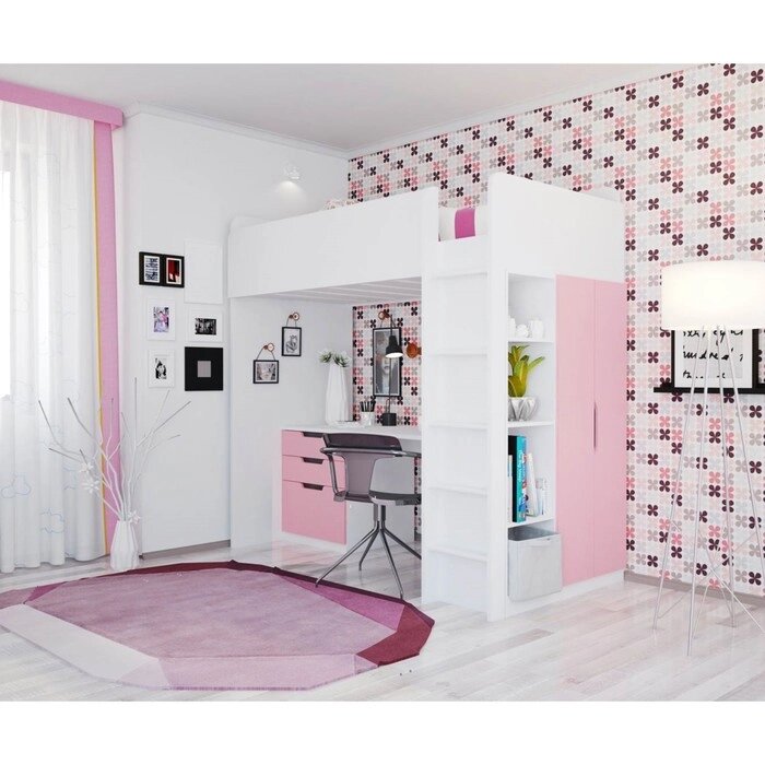 Кроватка-чердак Polini kids Simple с письменным столом и шкафом, цвет белый-роза от компании Интернет-гипермаркет «MOLL» - фото 1