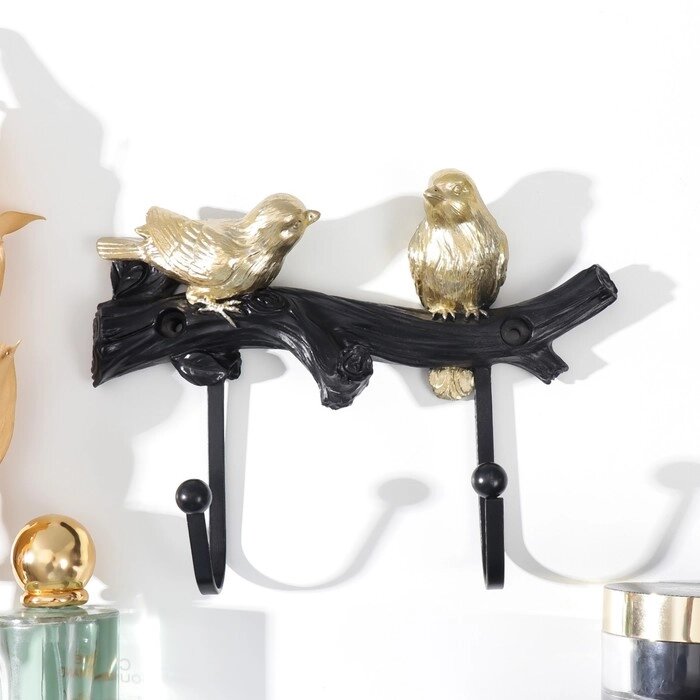 Крючки декоративные полистоун "Две золотые птички на ветке" 14,3х5х19,4 см от компании Интернет-гипермаркет «MOLL» - фото 1