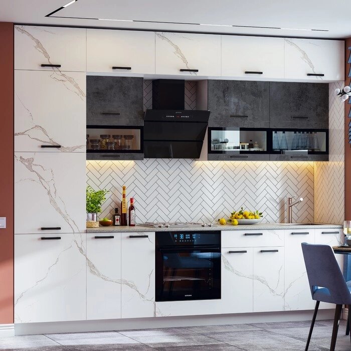 Кухонный гарнитур 3х уровневый 3000 Техно, Мрамор белый/Бетон графит от компании Интернет-гипермаркет «MOLL» - фото 1