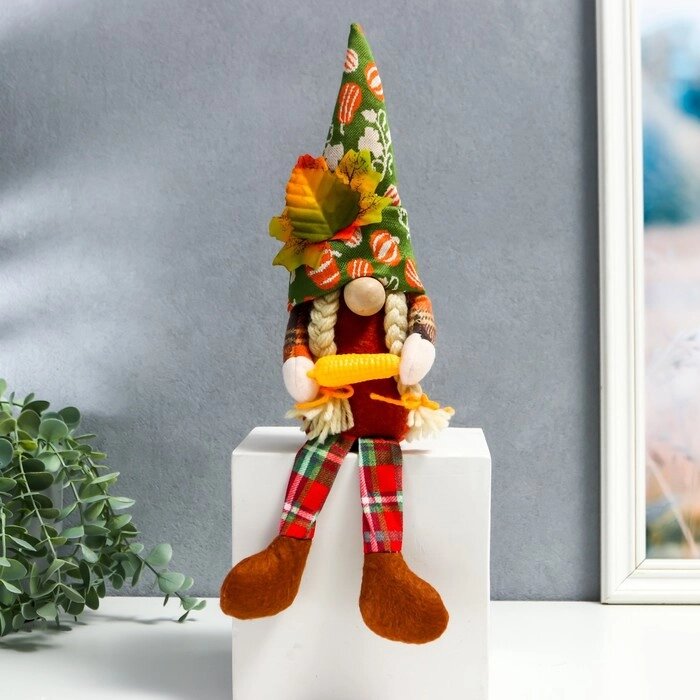 Кукла интерьерная "Бабуля в колпаке с листьями, с кукурузой" длинные ножки 35х6х7 см от компании Интернет-гипермаркет «MOLL» - фото 1