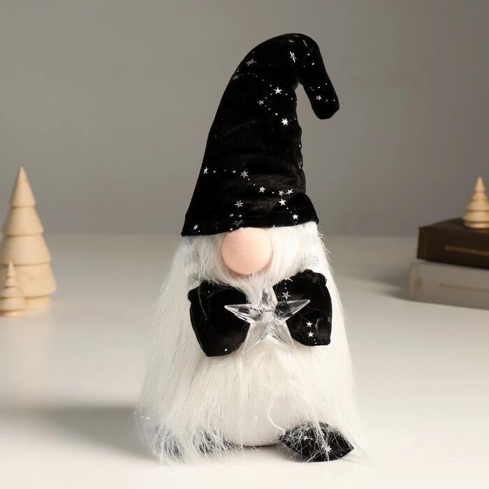 Кукла интерьерная свет "Гном в чёрном колпаке со звездами, со звёздочкой в руках" 36 см от компании Интернет-гипермаркет «MOLL» - фото 1