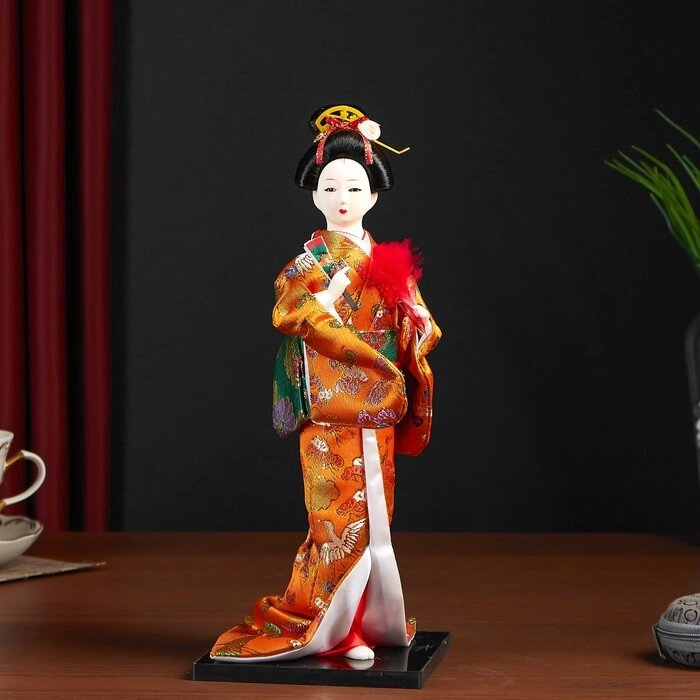 Кукла коллекционная "Гейша в оранжевом кимоно с веером" от компании Интернет-гипермаркет «MOLL» - фото 1