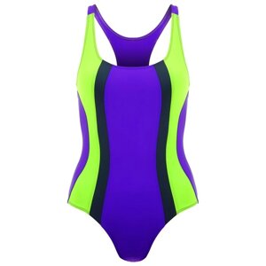 Купальник для плавания сплошной, ярко фиолетовый/неон зеленый/тёмно-серый, размер 38