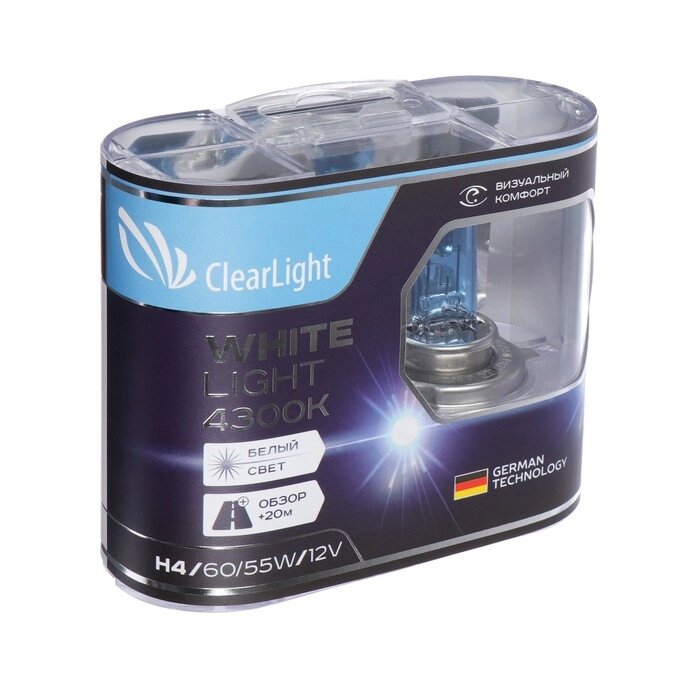 Лампа автомобильная Clearlight WhiteLight, H4, 12 В, 60/55 Вт, набор 2 шт от компании Интернет-гипермаркет «MOLL» - фото 1