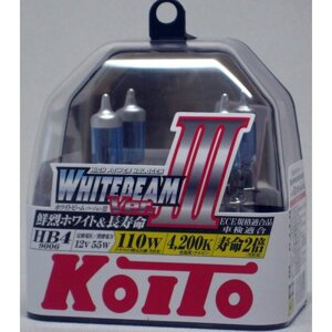 Лампа автомобильная Koito, HB4/9006 12 В,55w) (100w) P22d Whitebeam III 4200K , 2 шт