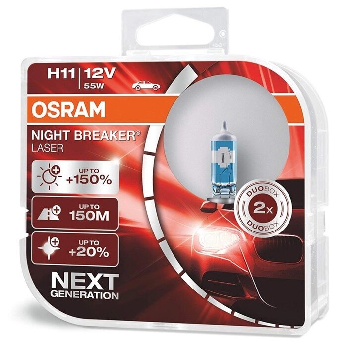 Лампа автомобильная Osram Night Breaker Laser +150%, H11, 12В, 55Вт, 2 шт, 64211NL-HCB от компании Интернет-гипермаркет «MOLL» - фото 1