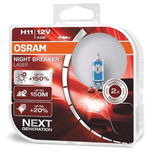 Лампа автомобильная Osram Night Breaker Laser +150%H11, 12В, 55Вт, 2 шт, 64211NL-HCB