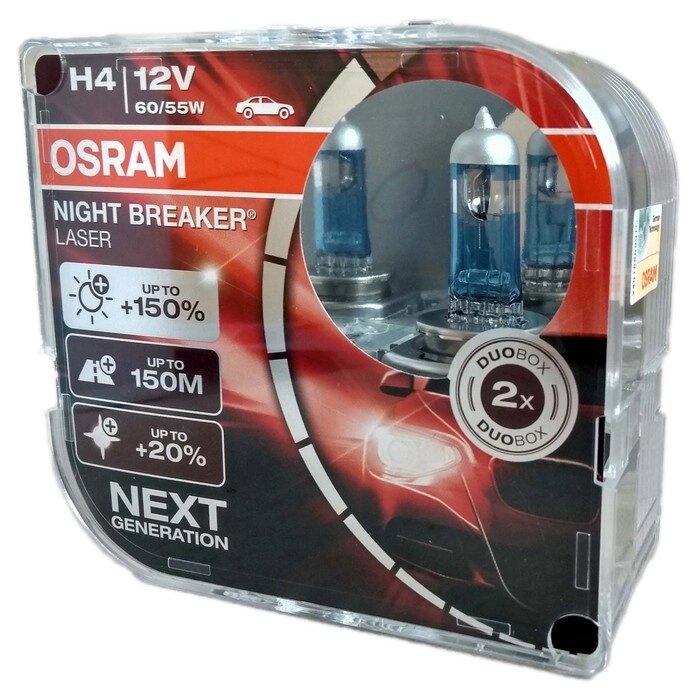 Лампа автомобильная Osram Night Breaker Laser +150%, H4, 12 В, 60/55 Вт, набор 2 шт, 64193NL-HCB от компании Интернет-гипермаркет «MOLL» - фото 1
