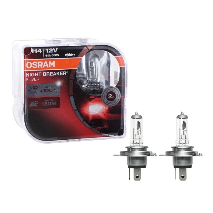 Лампа автомобильная Osram Night Breaker Silver +100%, H4, 12В, 60/55 Вт, набор 2 шт от компании Интернет-гипермаркет «MOLL» - фото 1