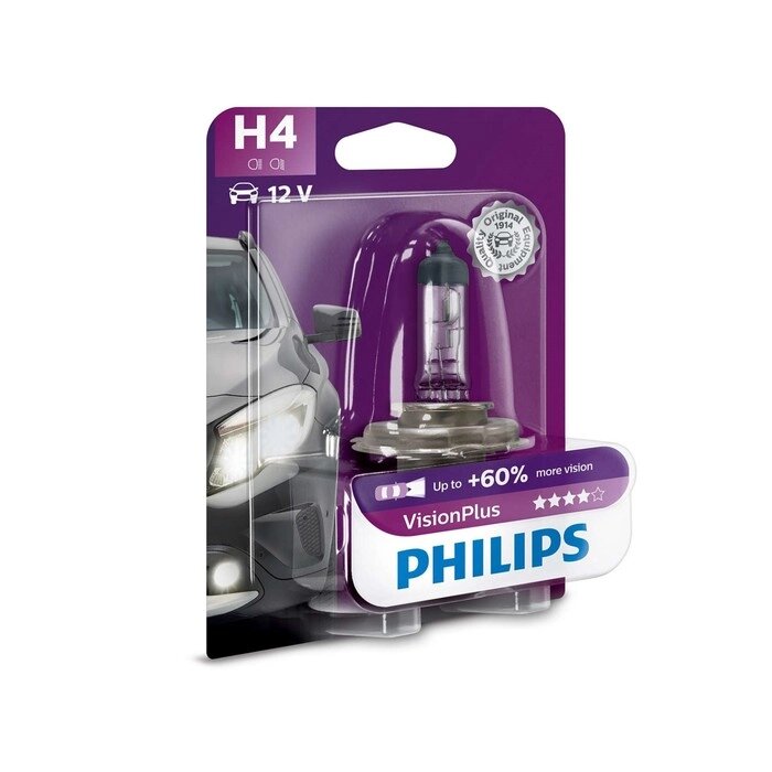 Лампа автомобильная Philips Vision Plus +60%, H4, 12 В, 60/55 Вт, 12342VPB1 от компании Интернет-гипермаркет «MOLL» - фото 1