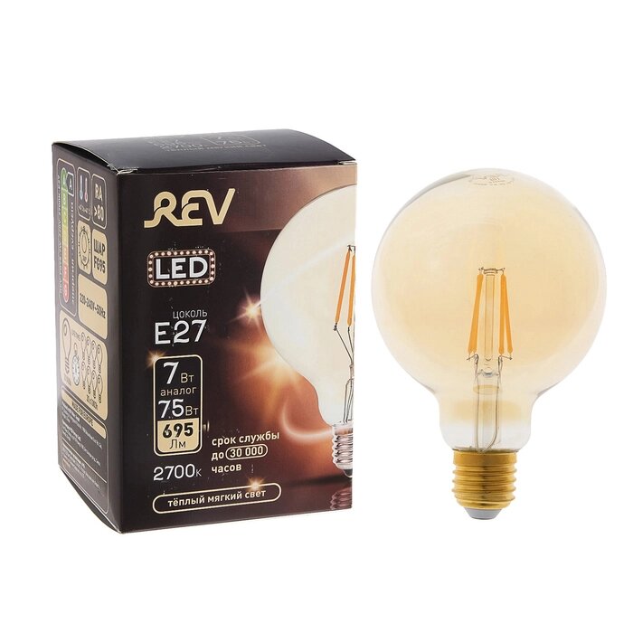 Лампа светодиодная REV LED FILAMENT VINTAGE, G95, 7 Вт, E27, 2700 K, шар, теплый свет от компании Интернет-гипермаркет «MOLL» - фото 1