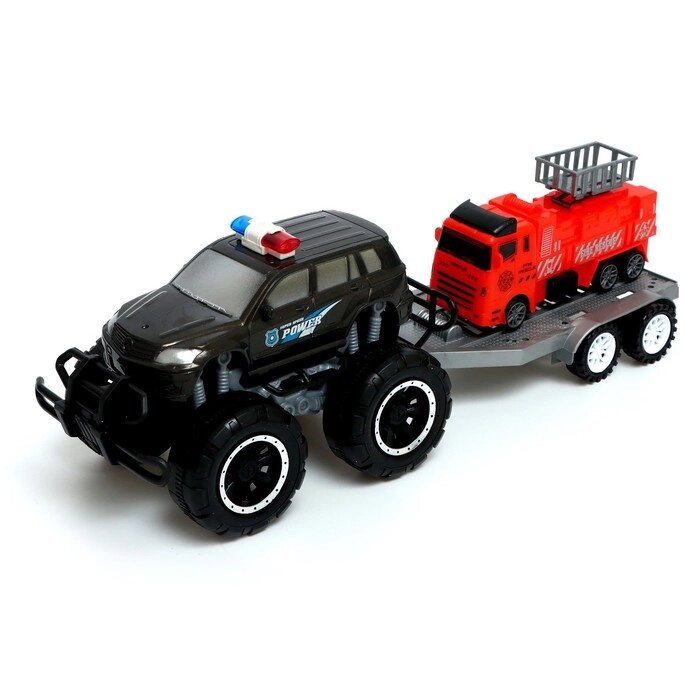 Машина инерционная "Джип", с прицепом и пожарной машиной, цвет МИКС, в пакете от компании Интернет-гипермаркет «MOLL» - фото 1