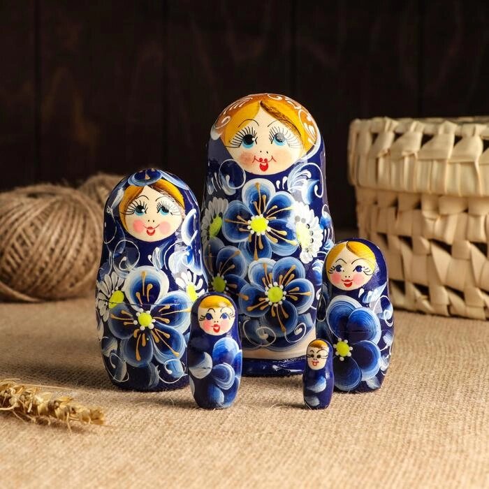 Матрёшка 5-ти кукольная "Нина" синяя , 13см, ручная роспись. от компании Интернет-гипермаркет «MOLL» - фото 1