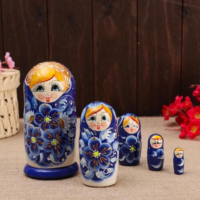 Матрёшка 5-ти кукольная "Нина" синяя , 14-15см, ручная роспись. от компании Интернет-гипермаркет «MOLL» - фото 1
