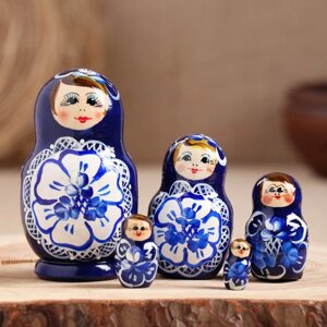 Матрёшка "Гжель", синее платье, 5 кукольная, 9,5-11 см