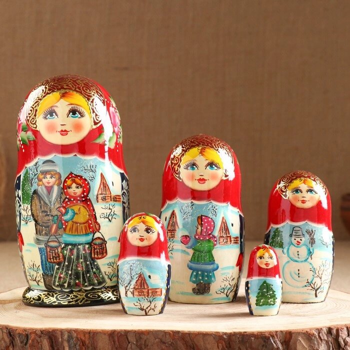 Матрёшка "Парочка", красный  платок,5 кукольная,  люкс от компании Интернет-гипермаркет «MOLL» - фото 1