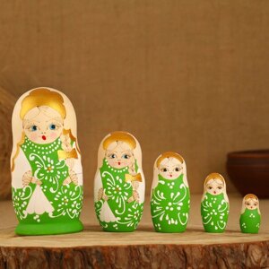 Матрёшка "Ромашки", зелёный платок, жжёнка, 5 кукольная, 15 см