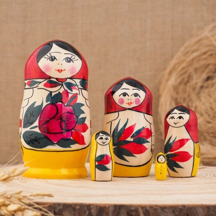 Матрёшка "Семёновская", красный платок, 5 кукольная, 12 см от компании Интернет-гипермаркет «MOLL» - фото 1