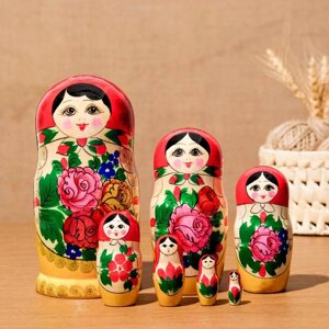 Матрёшка "Семёновская", красный платок, 7 кукольная, 20-22см
