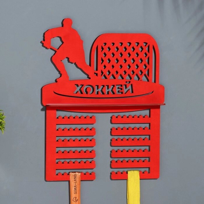 Медальница с полкой "Хоккей" красный цвет, 42,5х27,5 см от компании Интернет-гипермаркет «MOLL» - фото 1