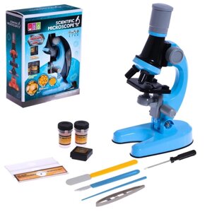 Микроскоп детский "Юный ботаник" кратность х100, х400, х1200, голубой, подсветка