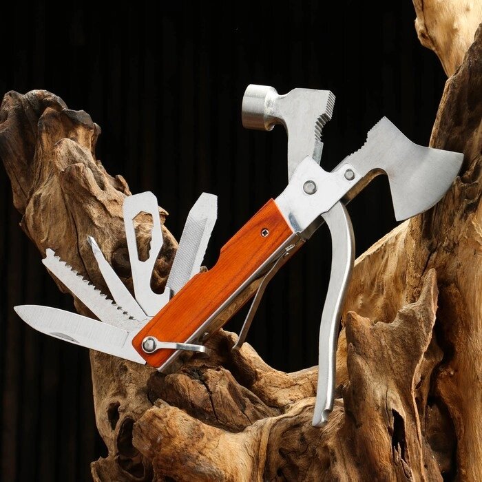 Мультитул 8в1 в чехле, рукоять дерево (топор, молоток, отвертки , ножи) от компании Интернет-гипермаркет «MOLL» - фото 1
