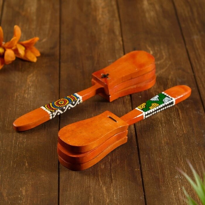 Музыкальный инструмент дерево "Кастаньет с узором" 4x5x23 см от компании Интернет-гипермаркет «MOLL» - фото 1