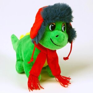 Мягкая игрушка "Дракон" в разноцветной шапке ушанке, 15 см, цвет зелено-желтый