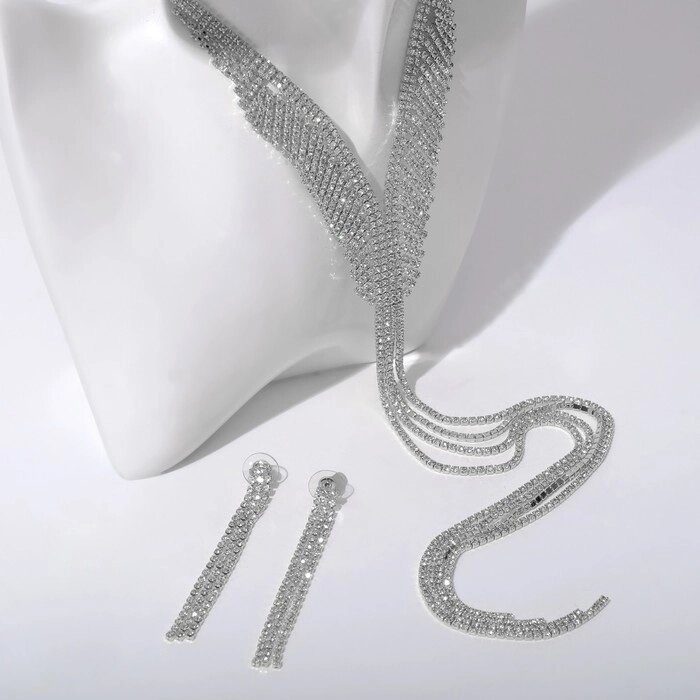 Набор 2 предмета: серьги, колье "Лёд" дорожка с лесенкой, цвет белый в серебре от компании Интернет-гипермаркет «MOLL» - фото 1