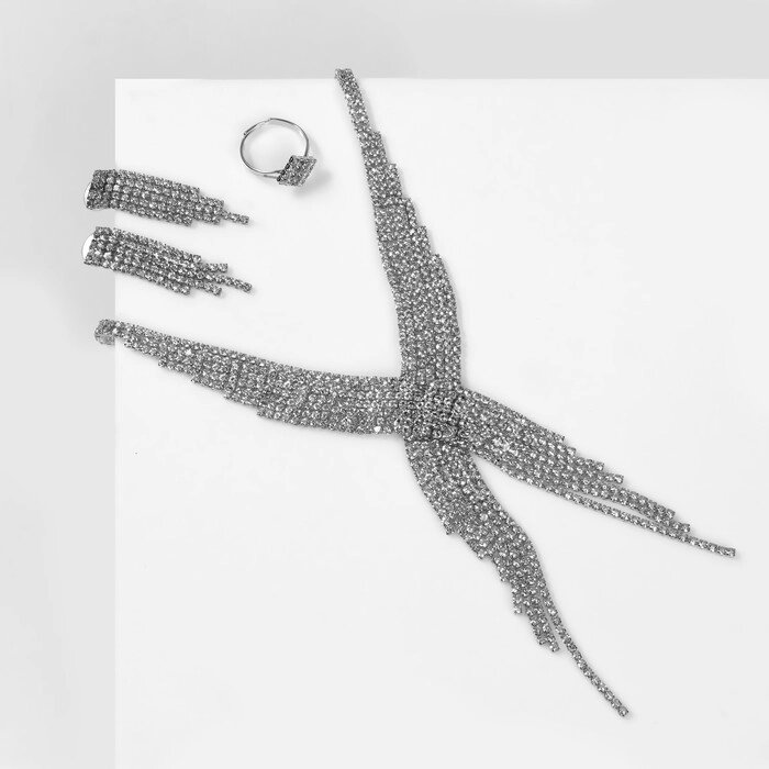 Набор 3 предмета: серьги, колье, кольцо "Водопад" крылья, цвет белый в серебре от компании Интернет-гипермаркет «MOLL» - фото 1