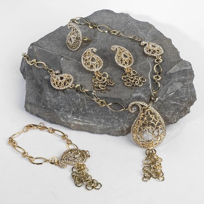 Набор 4 предмета: серьги, колье, браслет, кольцо безразмерное "Ажур", цвет белый в золоте от компании Интернет-гипермаркет «MOLL» - фото 1