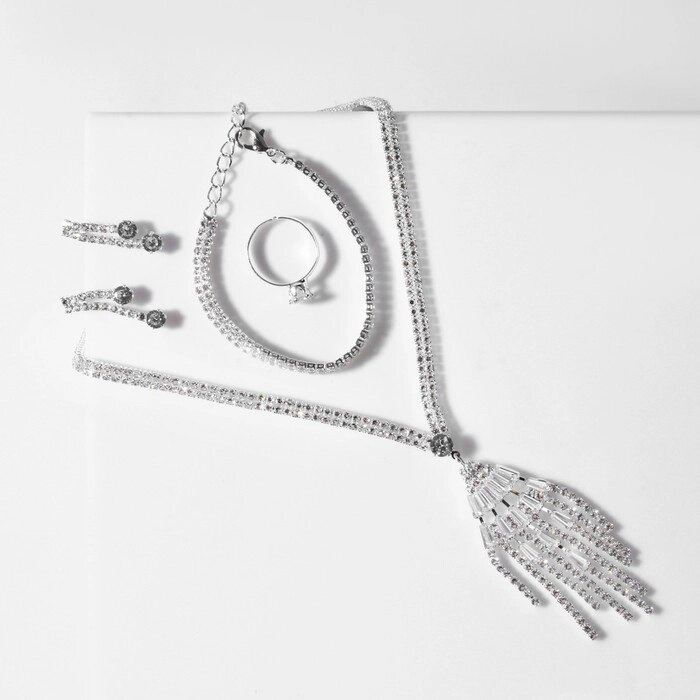 Набор 4 предмета: серьги, колье, браслет, кольцо "Грация" водопад, цвет белый в серебре от компании Интернет-гипермаркет «MOLL» - фото 1