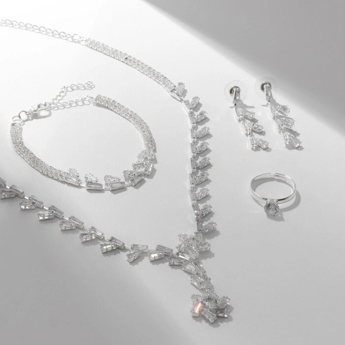 Набор 4 предмета: серьги, колье, браслет, кольцо "Узор" тонкий, цвет белый в серебре от компании Интернет-гипермаркет «MOLL» - фото 1