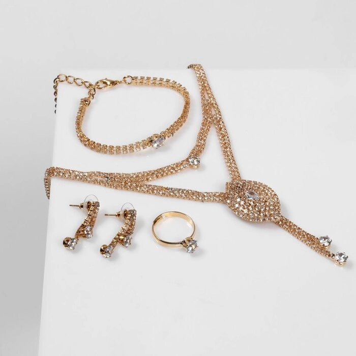 Набор 4 предмета: серьги, колье, браслет, кольцо "Жаклин", 2 нити, цвет белый в золоте от компании Интернет-гипермаркет «MOLL» - фото 1