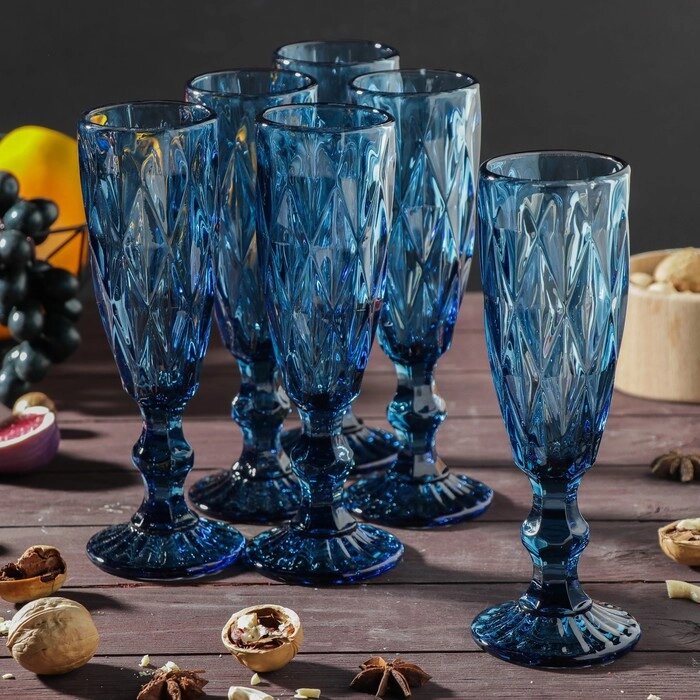 Набор бокалов для шампанского Magistro "Круиз", 160 мл, 720 см, 6 шт, цвет синий от компании Интернет-гипермаркет «MOLL» - фото 1