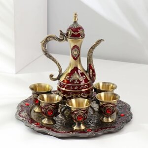 Набор чайный кувшин, 6 бокалов и поднос "Стамбул. Розы и узоры" красный с золотом