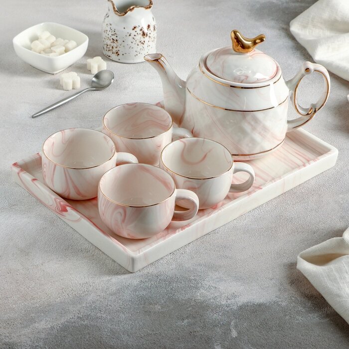 Набор чайный "Мрамор", 5 предметов: чайник 800 мл, 4 кружки 170 мл, подставка 3121 см, цвет розовый от компании Интернет-гипермаркет «MOLL» - фото 1