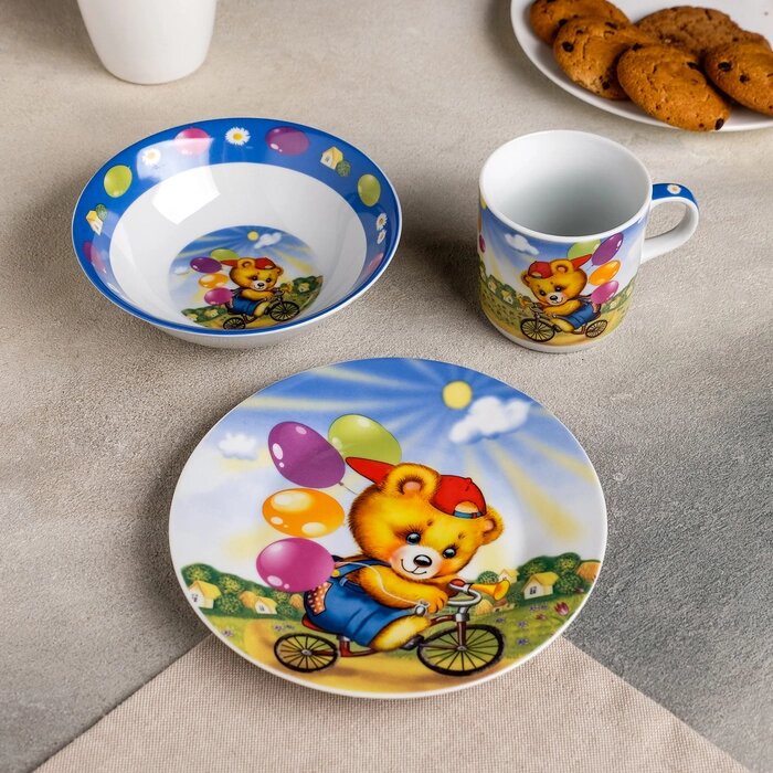 Набор детской посуды Доляна "Мишка на велосипеде", 3 предмета: кружка 230 мл, миска 400 мл, тарелка 18 см от компании Интернет-гипермаркет «MOLL» - фото 1