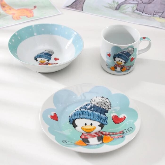 Набор детской посуды Доляна "Пингвинёнок", 3 предмета: кружка 230 мл, миска 400 мл, тарелка 18 см от компании Интернет-гипермаркет «MOLL» - фото 1