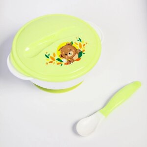 Набор детской посуды "Друзья", 3 предмета: тарелка на присоске, крышка, ложка, цвет зелёный