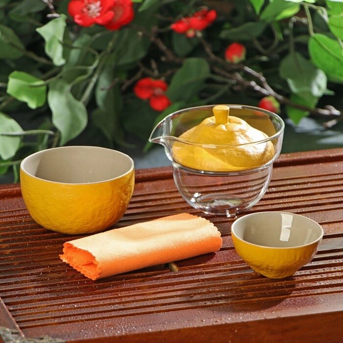 Набор для чайной церемонии "Лимон", 6 предметов: стеклянная чаша с крышкой, 2 керамические чаши, тряпка, от компании Интернет-гипермаркет «MOLL» - фото 1